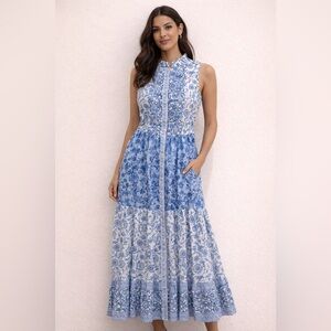 CeCe Sleeveless Blue and White Maxi Dress